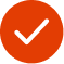 A red button with an orange background and white check mark